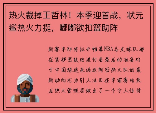 热火裁掉王哲林！本季迎首战，状元鲨热火力挺，嘟嘟欲扣篮助阵
